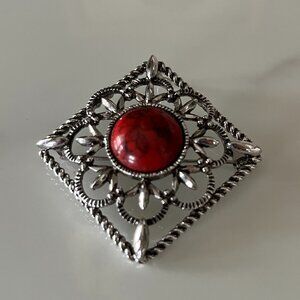 Vintage Sarah Coventry “Inca Fire” Brooch Pendant Red Cabochon